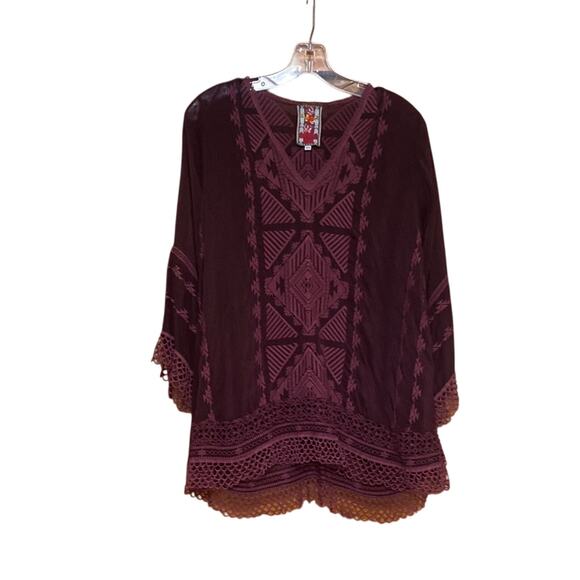 Johnny Was Tops - Johnny Was Burgundy Embroidered Lace Detail Blouse V-Neck 3/4 Sleeves Worn Once